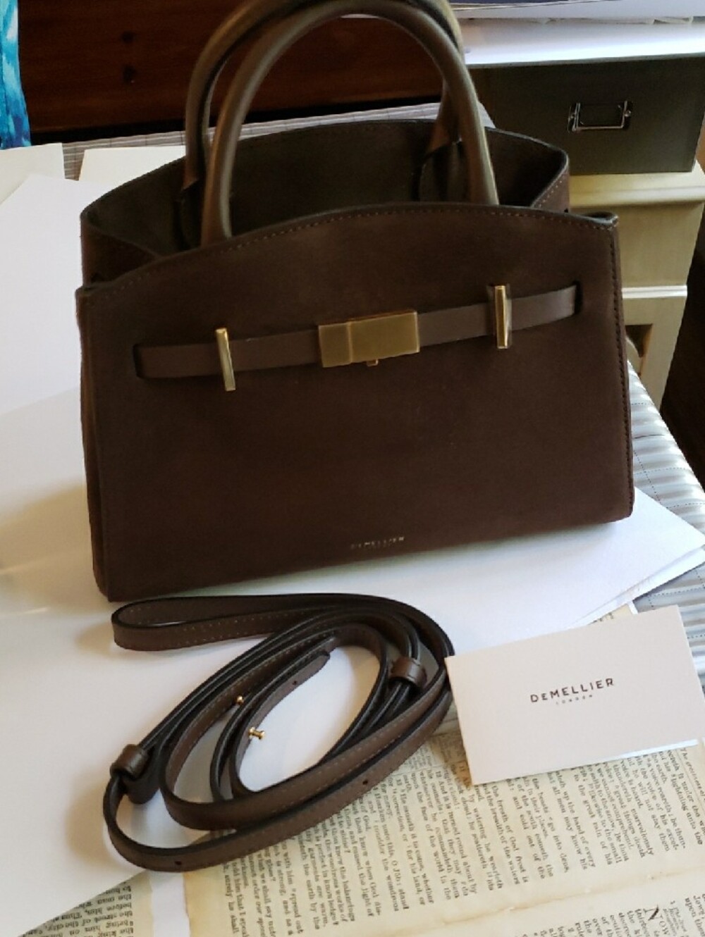DeMellier Mocha Suede Top-Handle Satchel Small Hudson - Picture 8 of 9